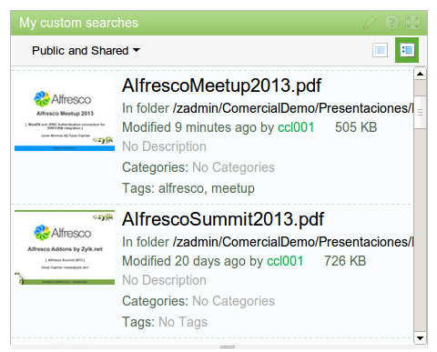 User dashlets for quick search and business views in Alfresco Share