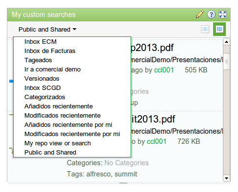 User dashlets for quick search and business views in Alfresco Share